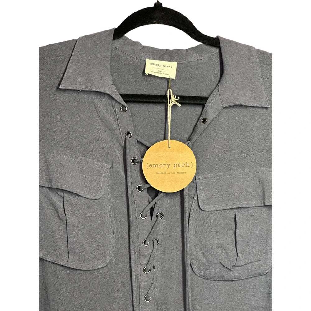 Emory Park New With Tags Roll Tab Sleeve Lace Up Blouse Linen Tunic Gray Size S